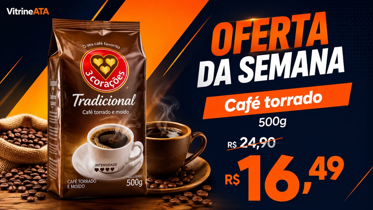 Arte de promoção de café torrado 3 Corações criada pela Vitrine ATA