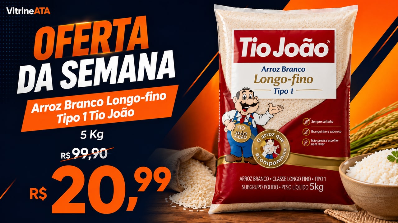 Arte de promoção de arroz branco Tio João 5 kg criada pela Vitrine ATA