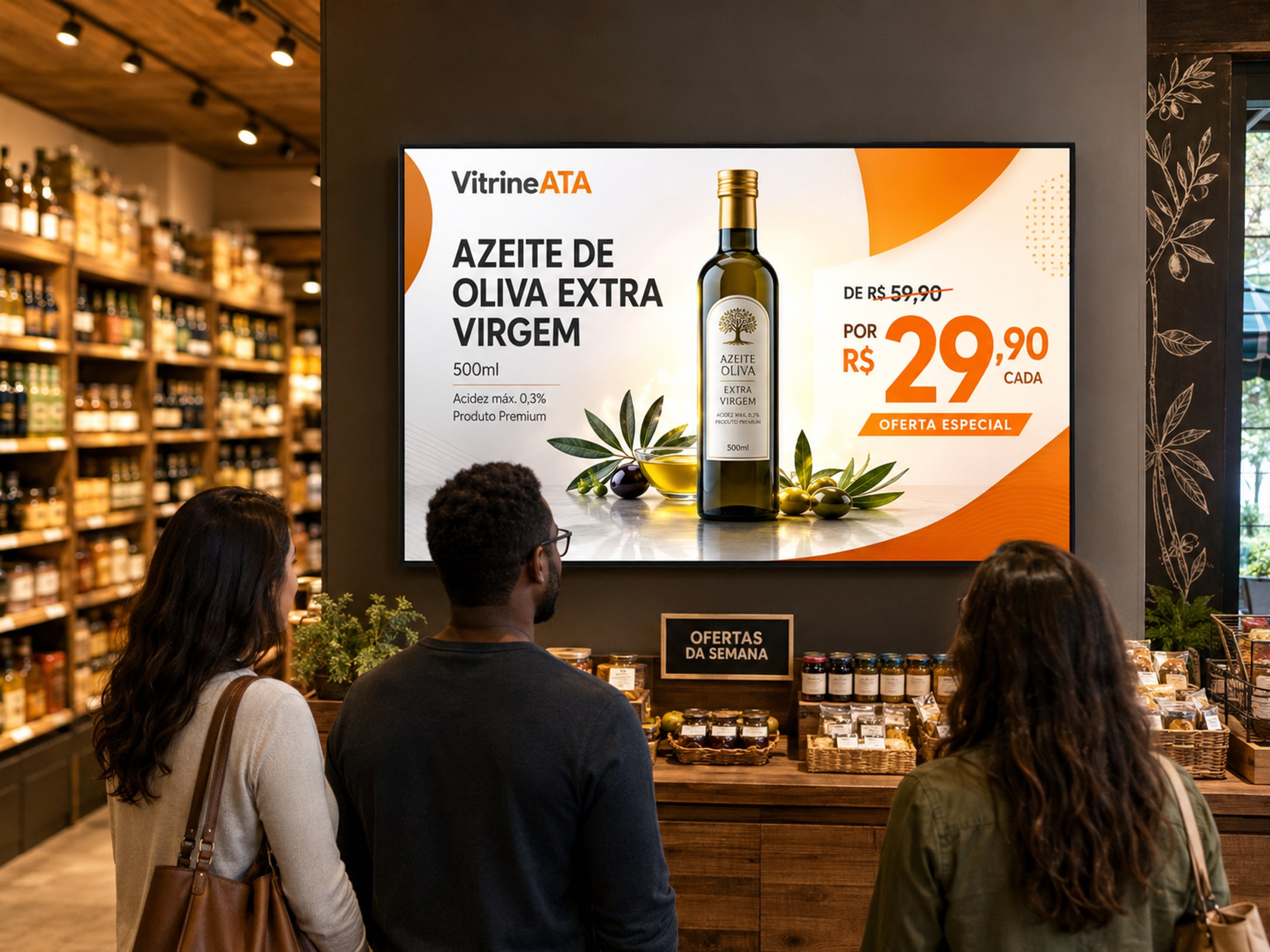 Clientes observando uma TV com a promoção de azeite extra virgem em um empório